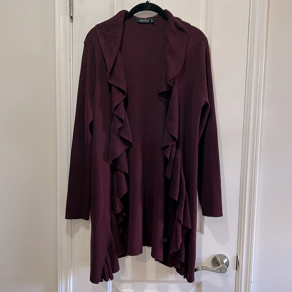 Lauren Ralph Lauren Maroon Burgundy Red long sleeve cardigan open sweater - Picture 4 of 11